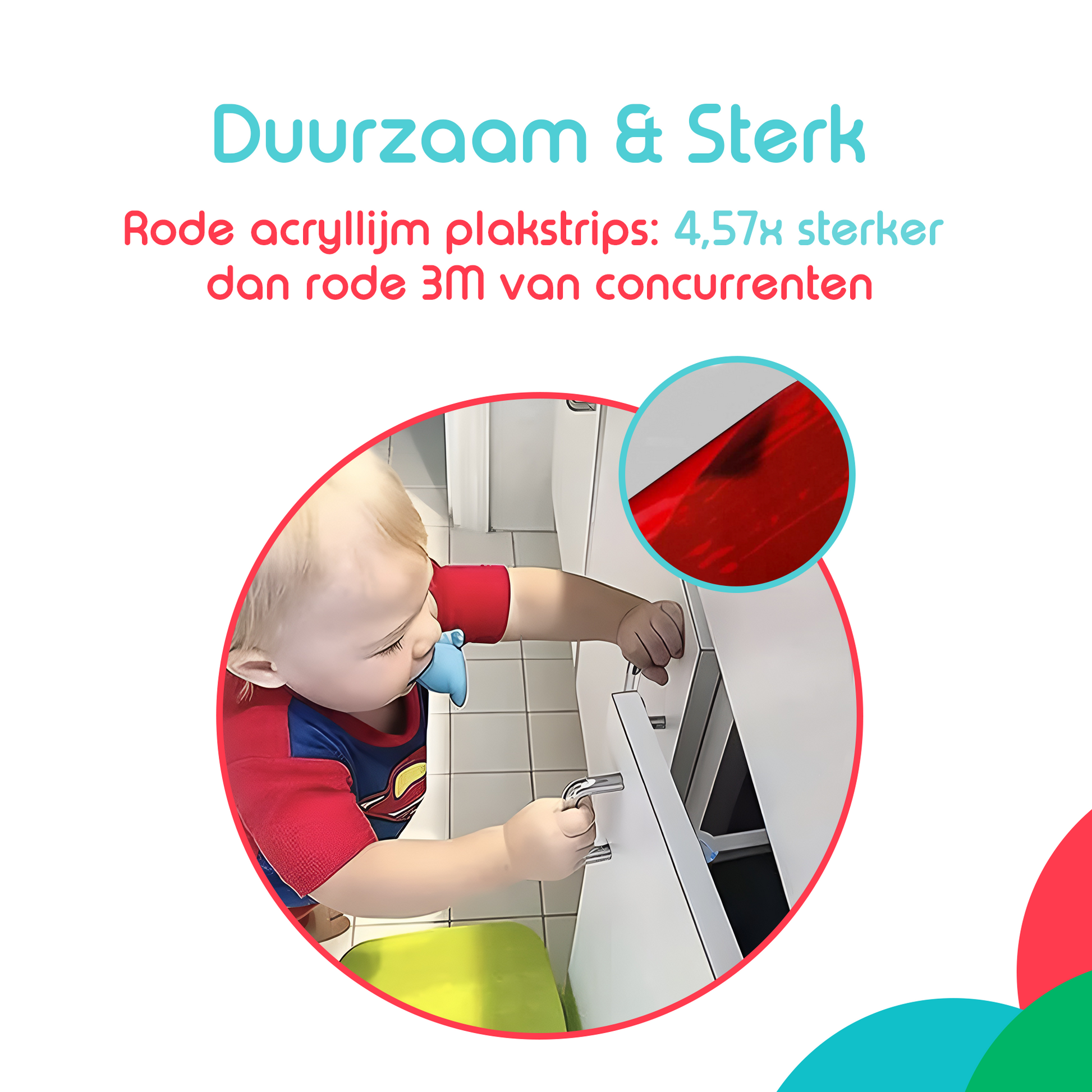 het milabubs kinderslot is 4,57 keer sterker dan sloten van concurrenten dankzij rode 3M plakstrips